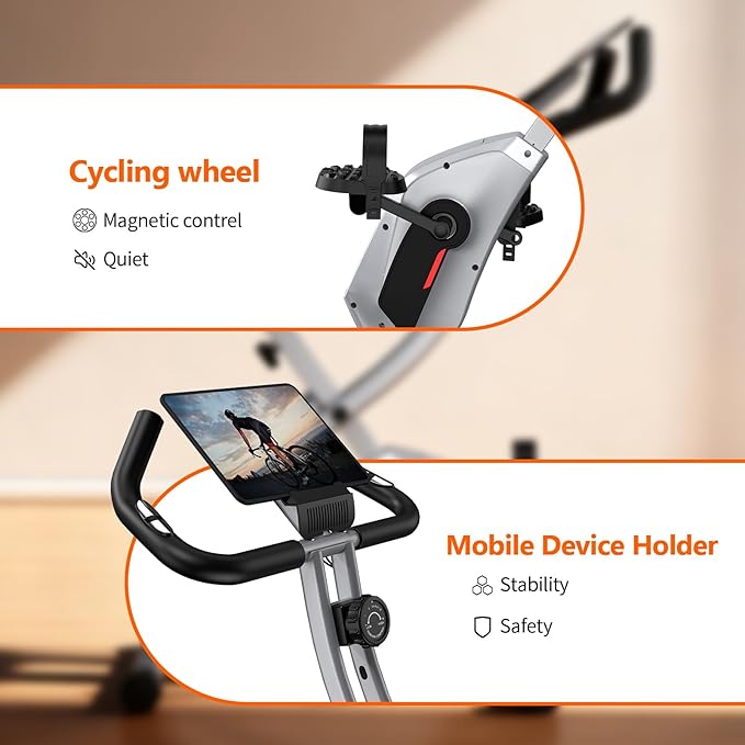 CRYSTAL FIT Indoor Folding Exercise Bike, Foldable Stationary Bikes For Home Workout Upright Indoor Cycling Bike, Magnetic X-Bike with 8-Level Adjustable Resistance, Phone Holder & Comfortable Seat Cushion