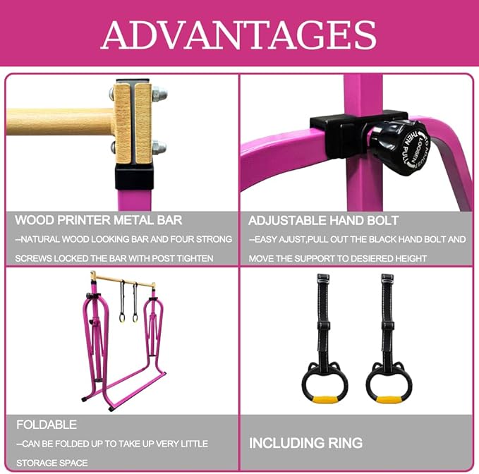 Foldable Gymnastics Kip Bar with Mat and Ring Set,3' to 5' Height Adjustable,Kids Gymnastic Equipment for Ages 3-15,Indoor and Home Training- Max Load 350LBS