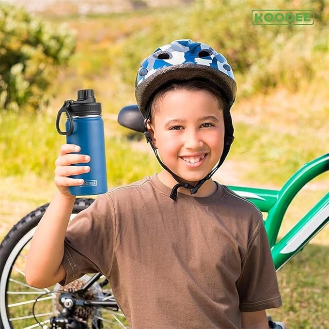 koodee Small Water Bottle 12 oz Stainless Steel Triple Wall Vacuum Insulated Wide Mouth Bottle with Leakproof Spout Lid (Navy)