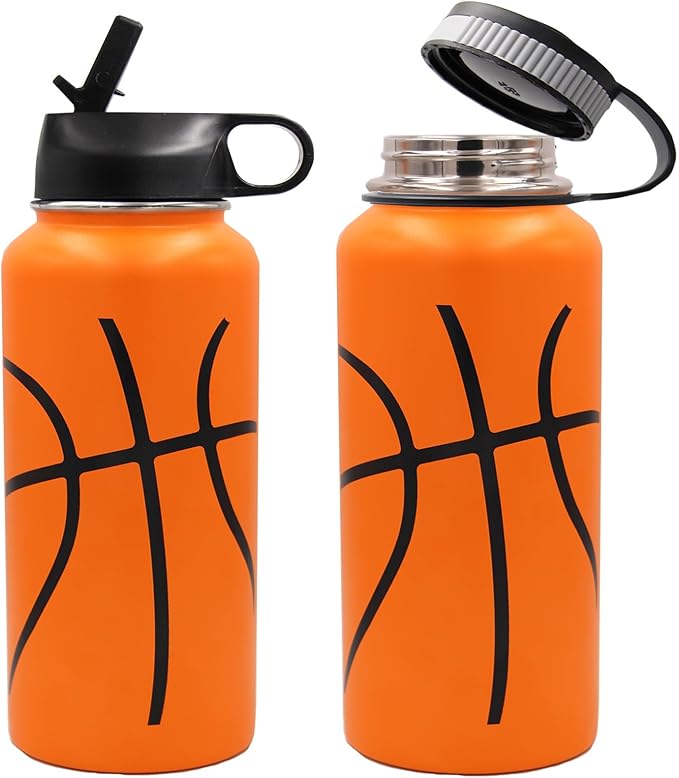 32 oz Basketball Water Bottle, Wide Mouth Sports Flask Metal Travel Tumbler with 2 Lids, Stainless Steel Double Wall Vacuum Insulated Thermo Water Bottles, Basketball Accessories Gifts for Boys Girls