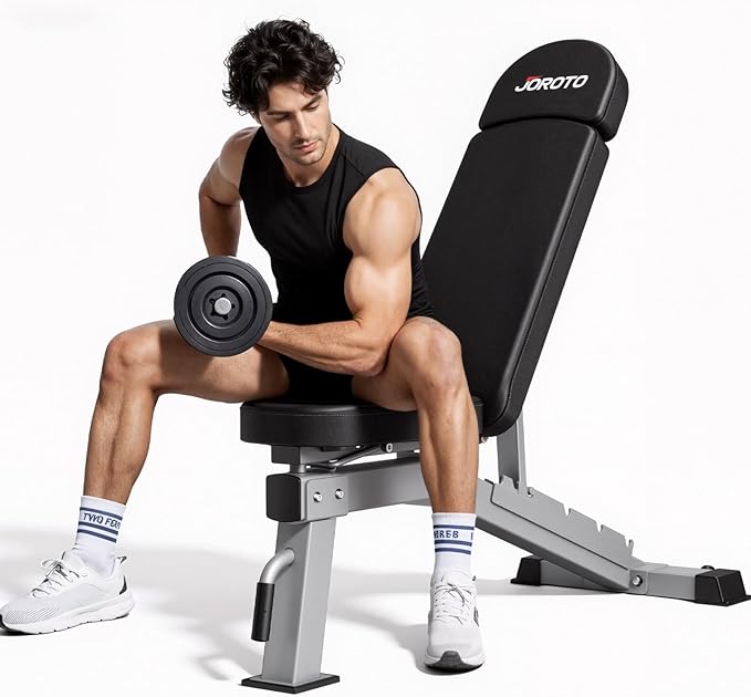 JOROTO Adjustable Weight Bench, Foldable Workout Bench for Home Gym Strength Training, Incline Decline Flat Bench Press with Wheels and Extended Backrest, Full Body Workout Equipment