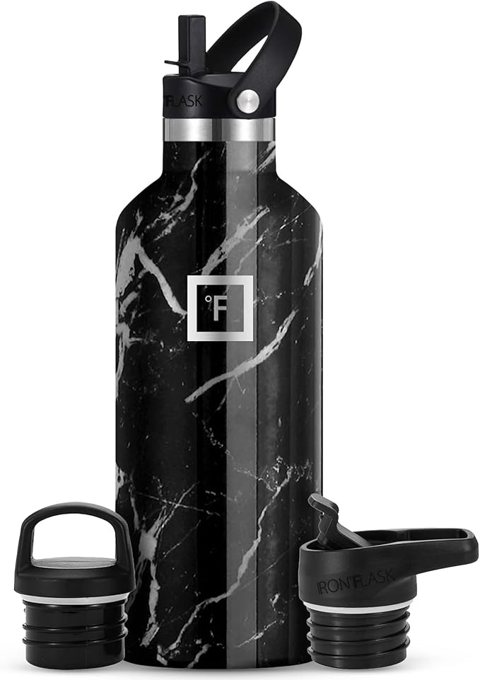 IRON °FLASK Camping & Hiking Hydration Flask with Straw, BPA-Free Insulated Stainless Steel Sports Water Bottle - 32 oz Black Marquina