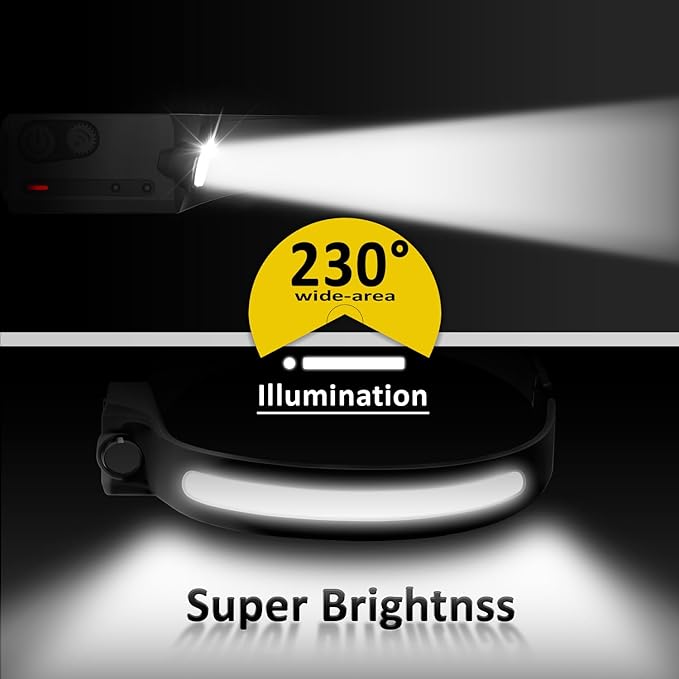 LED Headlamp Rechargeable with Motion Sensor USB Head Lamp with 230°Beam 5 Modes 350 Lumen Ultra Bright Head light Lightweight Bright Waterproof Flashlight for Outdoor Camping Hiking Running 2 Pack
