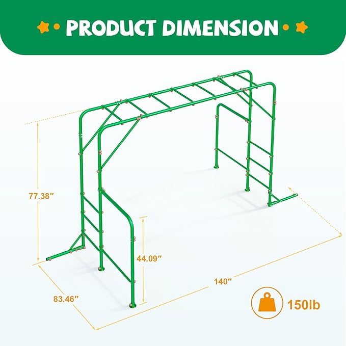 Outdoor Monkey Bars for Kids, Steel Monkey Bar for Backyard, with Climbing and Gymnastics Bar,Free-Standing Playset for Children Age 3-12,Compact for Small Yards, Green