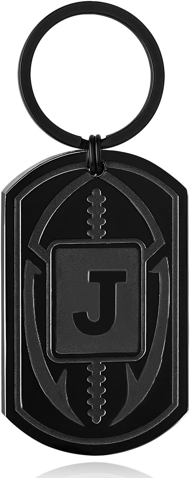 Stocking Stuffers Christmas Gift- Football Initial Keychain Gifts for Men Dog Tag Keychains for Men Him Dad