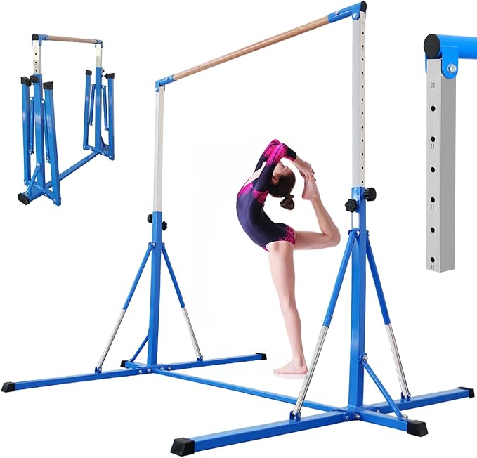 Gymnastics Bar for Kids Ages 3-15, 35" to 60" Adjustable Height, 4FT Wide Base - Professional Kip Bar with 360° Stability & Fiberglass Crossbar, Easy Fold&Solid Design for Home Training