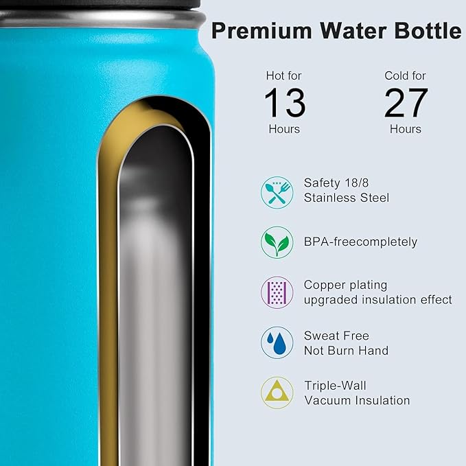 koodee 12 oz Water Bottle Stainless Steel Vacuum Insulated Wide Mouth Water Flask with Leakproof Spout Lid (Sky Blue)