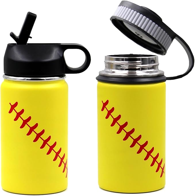 12 oz Softball Water Bottle, Wide Mouth Sports Flask Metal Travel Tumbler with 2 Lids, Stainless Steel Double Wall Vacuum Insulated Leak Proof Thermo Water Bottles, Softball Stuff Gifts for Mom Girls