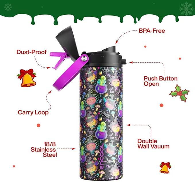 ENCOOL Insulated Water Bottle with Straw Stainless Steel Water Bottle with Push Button Lid, Leak-Proof & BPA-Free, Keeps Cold for 24 Hours for Sports, Travel, Gym (24 oz, Meowgic Night)