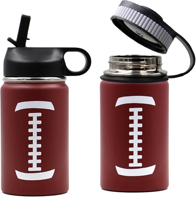 12 oz Football Water Bottle with Straw, Sports Flask Metal Travel Tumbler with 2 Lids, Stainless Steel Double Wall Vacuum Insulated Leak Proof Thermo Water Bottles, Football Gear Gifts for Boys Girls