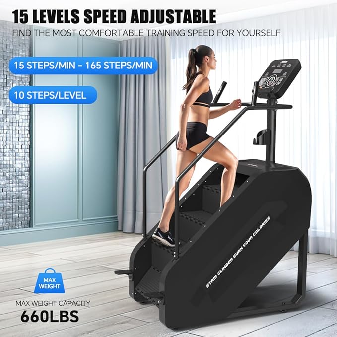 SPART Stair Climber with LED Screen, Commercial Grade Stepmill Exercise Machine, 15 Speed Levels Stair Climber Stepping Machine for Cardio and Lower Body Workouts, 660LBS, 15-164 Steps/Minute