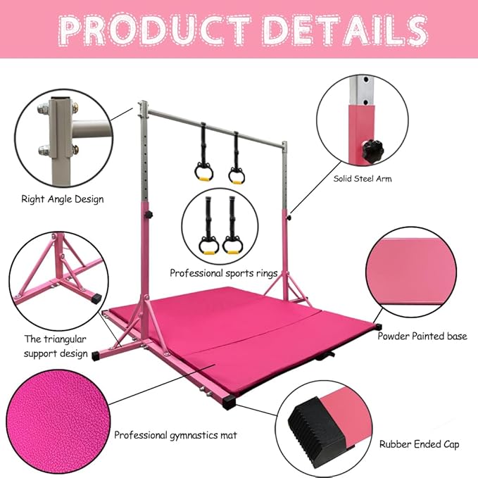 Gymnastics Kip Bar for Home Indoor Training,Horizontal Bar for Kids Girls Junior,Adjustable Arms from 3' - 5' Gym Equipment,1-4 Levels,300lbs Weight Capacity