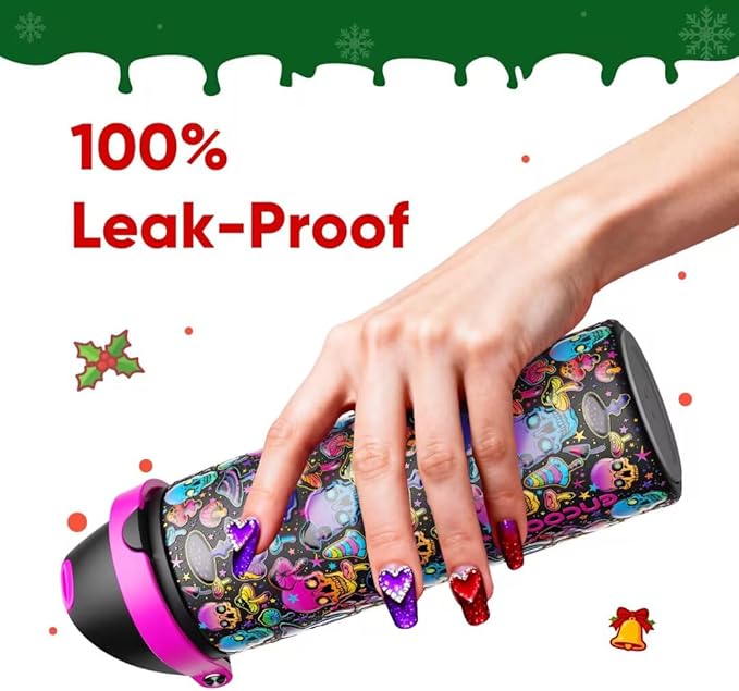 ENCOOL Insulated Water Bottle with Straw Stainless Steel Water Bottle with Push Button Lid, Leak-Proof & BPA-Free, Keeps Cold for 24 Hours for Sports, Travel, Gym (24 oz, Trippy Skulls)