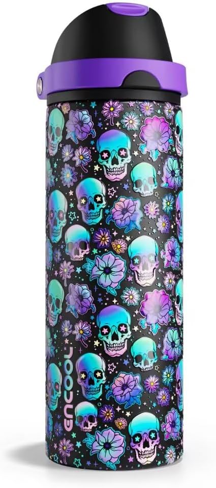 ENCOOL Insulated Water Bottle with Straw Stainless Steel Water Bottle with Push Button Lid, Leak-Proof & BPA-Free, Keeps Cold for 24 Hours for Sports, Travel, Gym (24 oz, Floral Afterlife)
