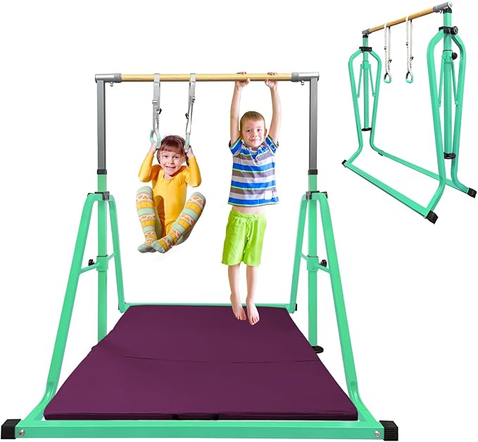 GLANT Gymnastics Bar for Kids with Rings Set, 7 Heights Adjustable Easy Folding Gymnastic Training Bar Kids Monkey Horizontal Bars - Max Load 300LBS