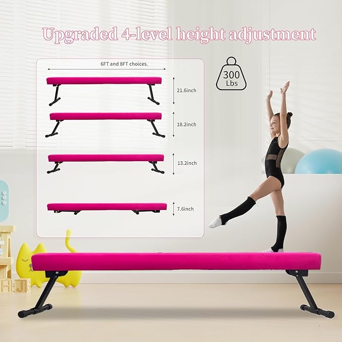 8FT Adjustable&Foldable Gymnastics Balance Beam,Home Gym Equipment,Easy Assembling and Storage,No Tool Require,for Kids Children Girls Training