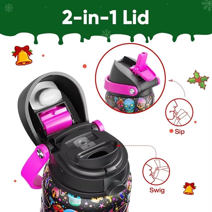 ENCOOL Insulated Water Bottle with Straw Stainless Steel Water Bottle with Push Button Lid, Leak-Proof & BPA-Free, Keeps Cold for 24 Hours for Sports, Travel, Gym (32 oz, Trippy Skulls)