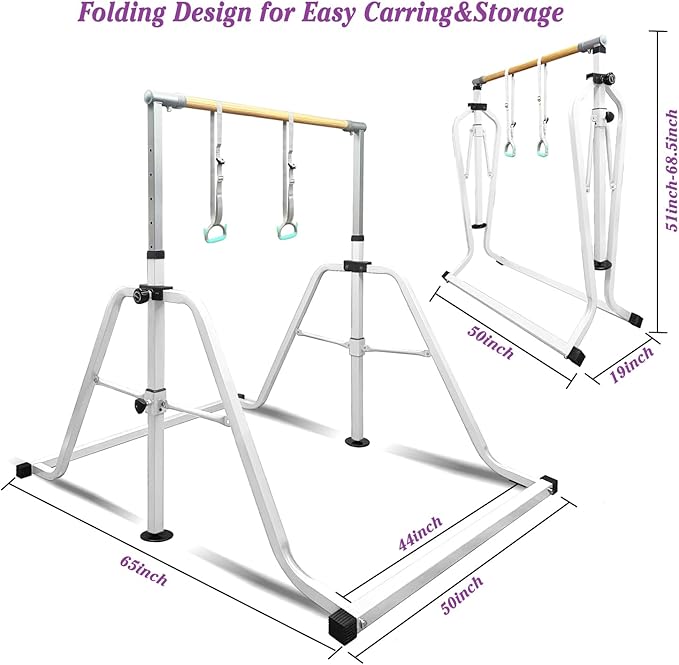 GLANT Gymnastics Bar for Kids with Rings Set, 7 Heights Adjustable Easy Folding Gymnastic Training Bar Kids Monkey Horizontal Bars - Max Load 300LBS