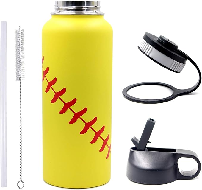 40 oz Softball Water Bottle, Wide Mouth Sports Flask Metal Travel Tumbler with 2 Lids, Stainless Steel Double Wall Vacuum Insulated Leak Proof Thermo Water Jug, Softball Stuff Gifts for Mom Girls