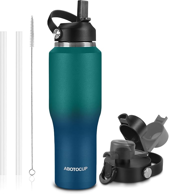 Insulated Water Bottle 40oz with Straw/Spout Lids, Stainless Steel Water Bottles Keep Cold 24h&Hot 12h, Metal Water Bottle with Straw that Fits in Cup Holder, Water Bottle Leak-proof,BPA Free
