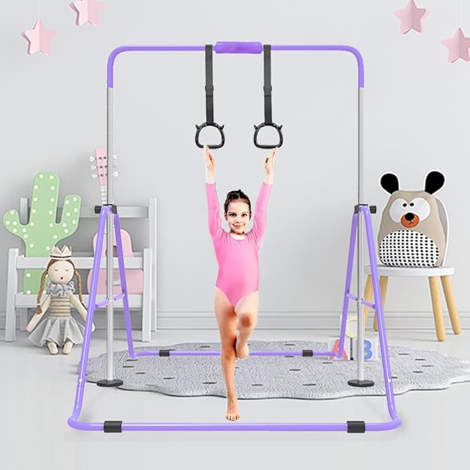 Expandable Gymnastics Bar for Kids, Adjustable Height Junior Training Kip Bar, Folding Gymnastic Horizontal Bars Monkey Bar, Home Gym Equipment for Kid Gymnasts, Child, Girl, Boy