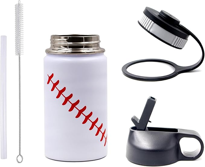 12 oz Baseball Water Bottle, Sports Flask Metal Travel Tumbler with 2 Lids, Stainless Steel Double Wall Vacuum Insulated Leak Proof Thermo Water Bottles, Baseball Accessories Gifts for Mom Boys Girls