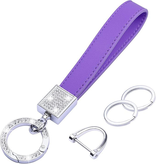 Wisdompro Genuine Leather Car Keychain, Bling Key FOB Holder Leather Loop Keychains for Women Girls with Crystal Rhinestones and 2 Keyrings - Purple