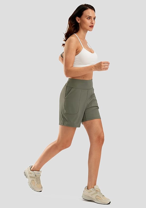 SANTINY Women's 6'' Athletic Long Shorts with 4 Pockets High Waisted Bermuda Shorts for Women Walking Running Casual