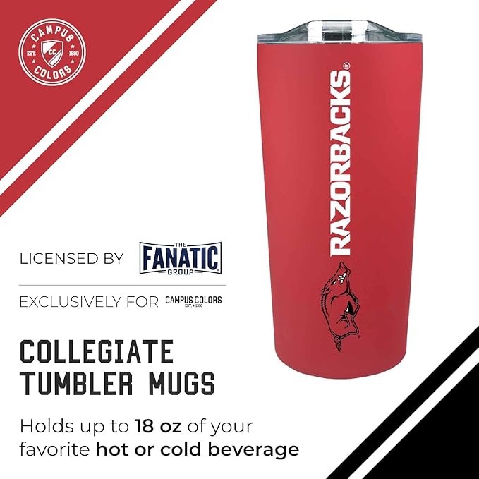 Campus Colors NCAA Stainless Steel Tumbler perfect for Gameday - 18 oz - Double Walled - Keeps Drinks Perfectly Insulated (Arkansas Razorbacks - Cardinal)
