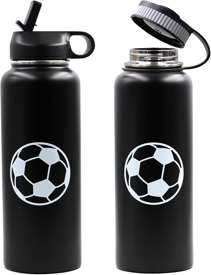 40 oz Soccer Water Bottle with Straw, Wide Mouth Sports Flask Metal Travel Tumbler with 2 Lids, Stainless Steel Double Wall Vacuum Insulated Leak Proof Thermo Water Jug, Soccer Gifts for Boys Girls