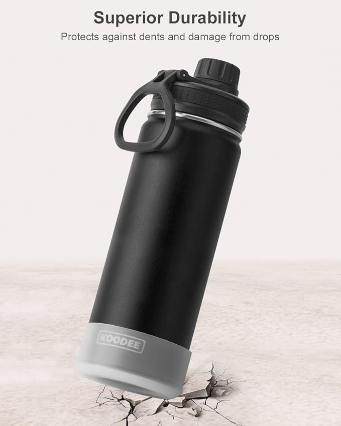 Koodee Insulated Water Bottle, 22 oz Stainless Steel Double Wall Vacuum Wide Mouth Sport Bottle with Leakproof Spout Lid (Black)
