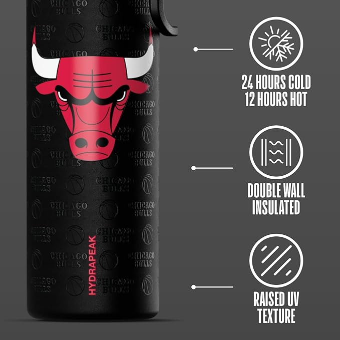 Hydrapeak x NBA Officially Licensed Chicago Bulls 26 oz Active Water Bottle with Chug Lid and Handle Reusable Stainless Steel Double Wall Insulated Sports Gift