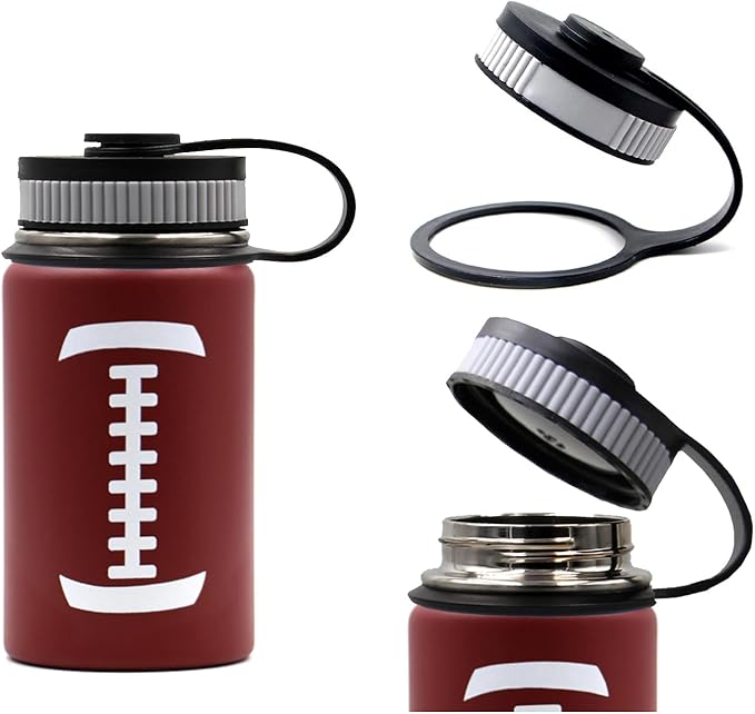 12 oz Football Water Bottle with Straw, Sports Flask Metal Travel Tumbler with 2 Lids, Stainless Steel Double Wall Vacuum Insulated Leak Proof Thermo Water Bottles, Football Gear Gifts for Boys Girls