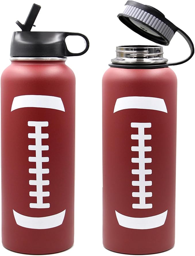 40 oz Football Water Bottle with Straw, Wide Mouth Sports Flask Metal Travel Tumbler with 2 Lids, Stainless Steel Double Wall Vacuum Insulated Thermo Water Jug, Football Gear Gifts for Boys Girls