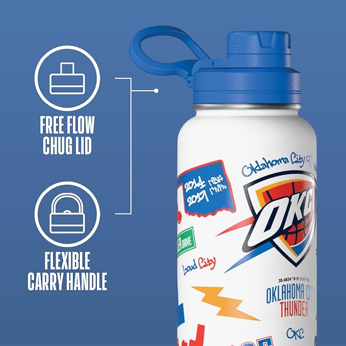 Hydrapeak x NBA Officially Licensed Oklahoma City Thunder 32 oz Active Water Bottle with Chug Lid Reusable Stainless Steel Double Wall Insulated Sports Gift, Celebrating The City Of Oklahoma