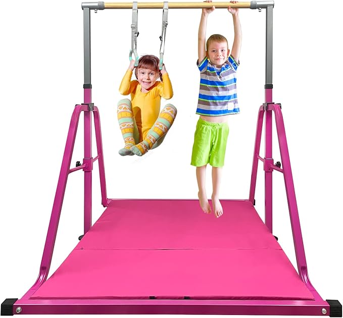 GLANT Gymnastics Bar for Kids with Rings Set, 7 Heights Adjustable Easy Folding Gymnastic Training Bar Kids Monkey Horizontal Bars - Max Load 300LBS