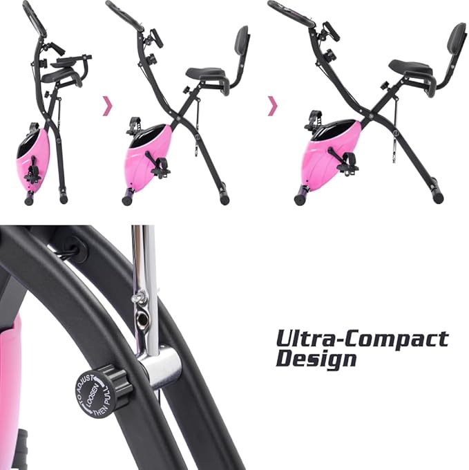 Foldable Exercise Bike with Magnetic Resistance, LCD Display and Arm Bands - Adjustable Upright Recumbent Stationary Fitness Cycling Machine for Home Gym
