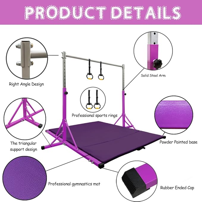 Gymnastics Kip Bar for Home Indoor Training,Horizontal Bar for Kids Girls Junior,Adjustable Arms from 3' - 5' Gym Equipment,1-4 Levels,300lbs Weight Capacity
