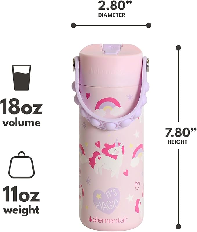Elemental 100% Leak Proof When Spout is Closed Insulated Kids Water Bottle, Stainless Steel Bottle for School with Straw Lid & Pop-It Handle, Unicorn Rainbow & Unicorn Magic - 18oz (2 Pack)