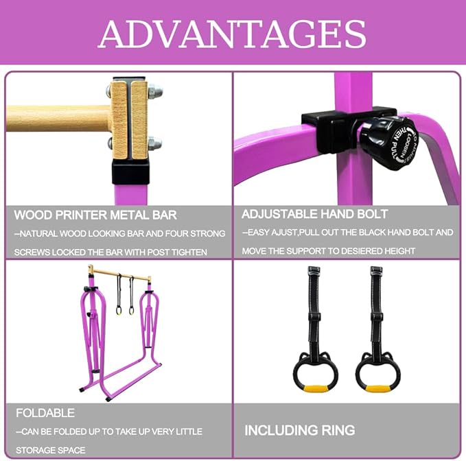 Foldable Gymnastics Kip Bar with Mat and Ring Set,3' to 5' Height Adjustable,Kids Gymnastic Equipment for Ages 3-15,Indoor and Home Training- Max Load 350LBS