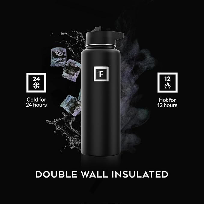 IRON °FLASK Camping & Hiking Hydration Flask with Straw, Wide Mouth Insulated Stainless Steel Sports Water Bottle - 40 oz Midnight Black