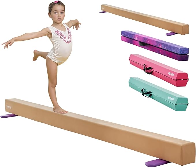 VEVOR 8FT Balance Beam for Kids, 200-350LBS Stable Support Gymnastics Floor Beam with Non-Slip Mat, Wood-Core/EVA Gymnastics Training Equipment with Anti-Slip Bottom & Carry Bag for Home Gym