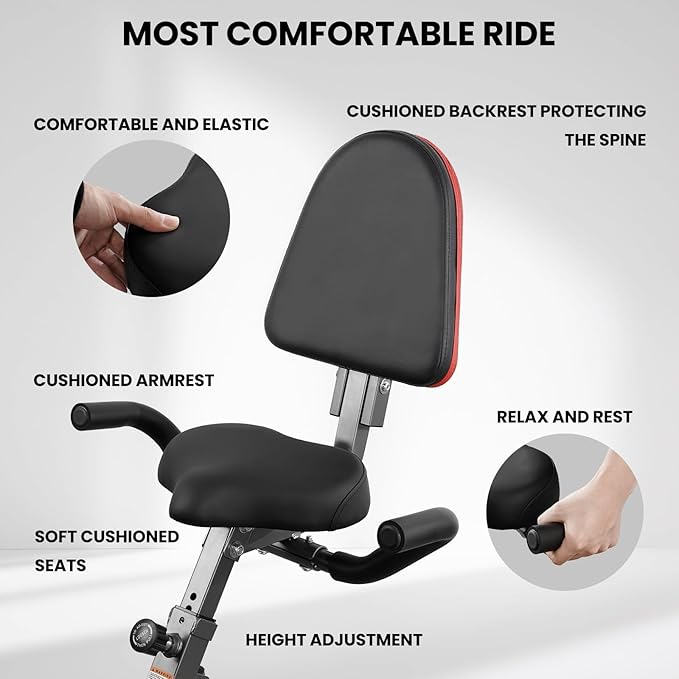 Exercise Bike, 4 IN 1 Stationary Bike, Foldable Folding Exercise Bike with 10-Level Magentic Resistance, Support Back Pad and Phone/Tablet Holder, Arm Resistance Band, Pulse Sensor, LCD Monitor for Home Workout 265LB Capacity