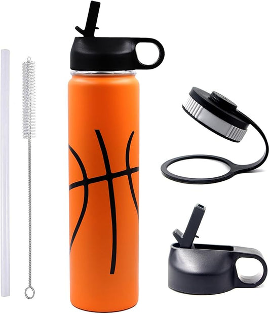 25 oz Basketball Water Bottle, Sports Flask Metal Travel Tumbler with 2 Lids, Stainless Steel Double Wall Vacuum Insulated Thermo Water bottles, Basketball Accessories Stuff Gifts for Mom Boys Girls