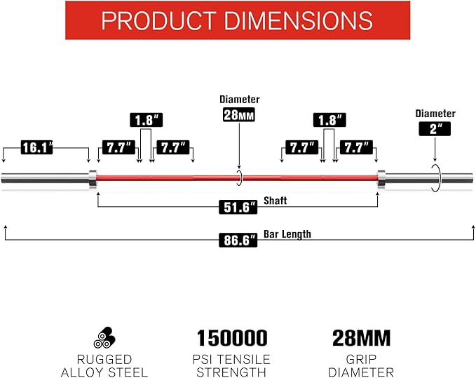 RITFIT 7FT Olympic Barbell for Strength and Weightlifting Training - 2 Inch Olympic Bar for Squat, Deadlift, Bench Press, Curl, Overhead Press - 600lbs/1000lbs/1200lbs Capacity
