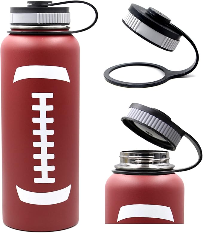 40 oz Football Water Bottle with Straw, Wide Mouth Sports Flask Metal Travel Tumbler with 2 Lids, Stainless Steel Double Wall Vacuum Insulated Thermo Water Jug, Football Gear Gifts for Boys Girls