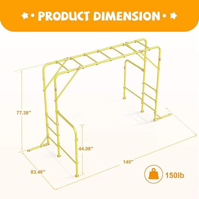 Outdoor Monkey Bars for Kids, Steel Monkey Bars for Backyard, with Climbing and Gymnastics Bar,Free-Standing Playset for Children Age 3-12,Compact for Small Yards, Yellow