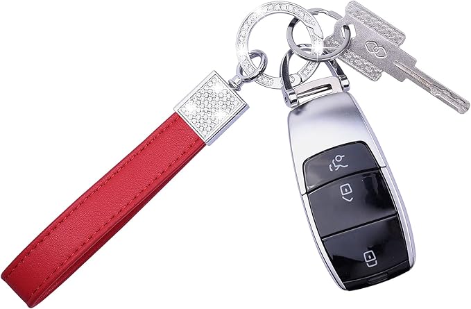 Wisdompro Genuine Leather Car Keychain, Bling Key FOB Holder Leather Loop Keychains for Women Girls with Crystal Rhinestones and 2 Keyrings - Red
