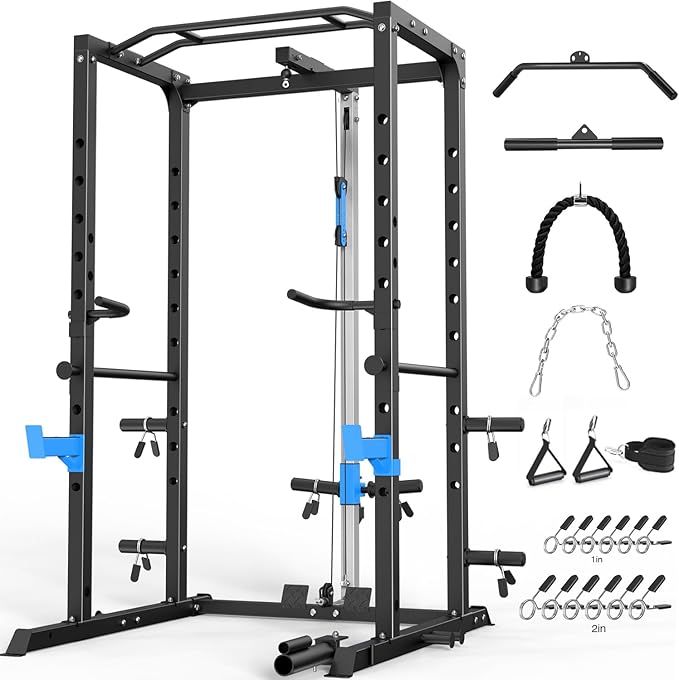 Power Cage, Multi-Functional Power Rack with J-Hooks, Dip Handles, Landmine Attachment and Optional Cable Pulley System for Home Gym