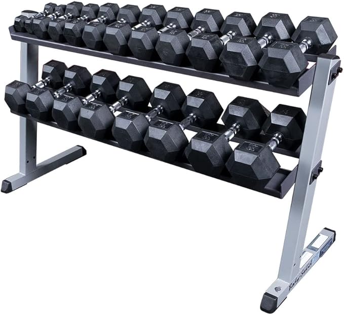 Body Solid (GDR60-RFWS) 5-50 lb Rubber Coat Hex Dumbbell Set Includes Heavy Duty 2-Tier Dumbbell Rack, Commercial and Home Gym Weight Holder Organizer for Dumbbells